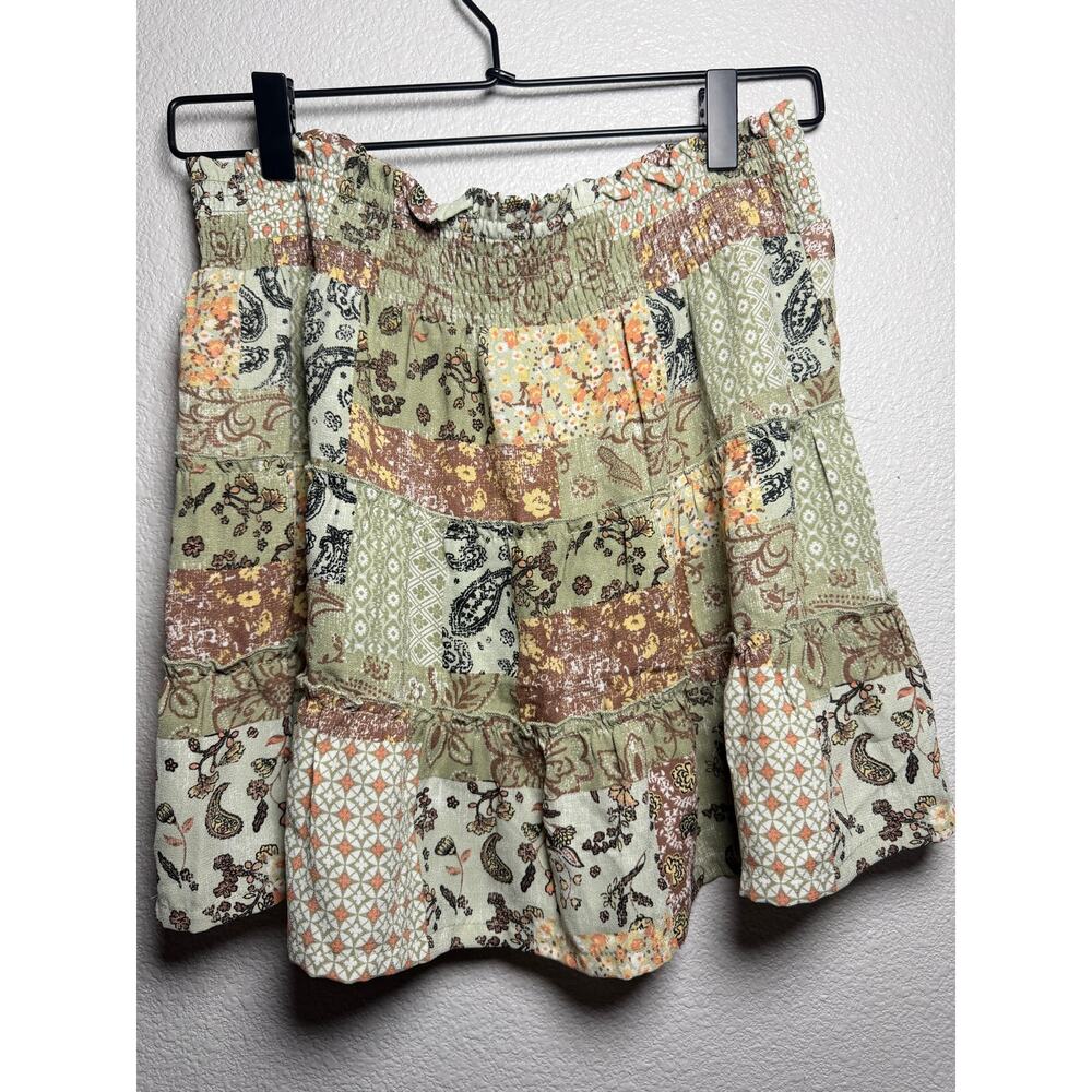 Boho Patchwork Ruffle Mini Skirt - Sage Green